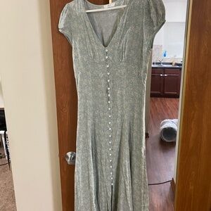 Button-Front Sage Floral Midi Dress